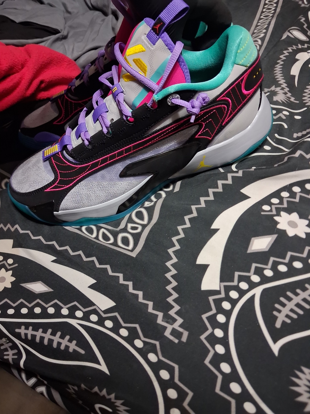Jordan Low-Top Sneakers in Black, Purple, Teal & Yellow